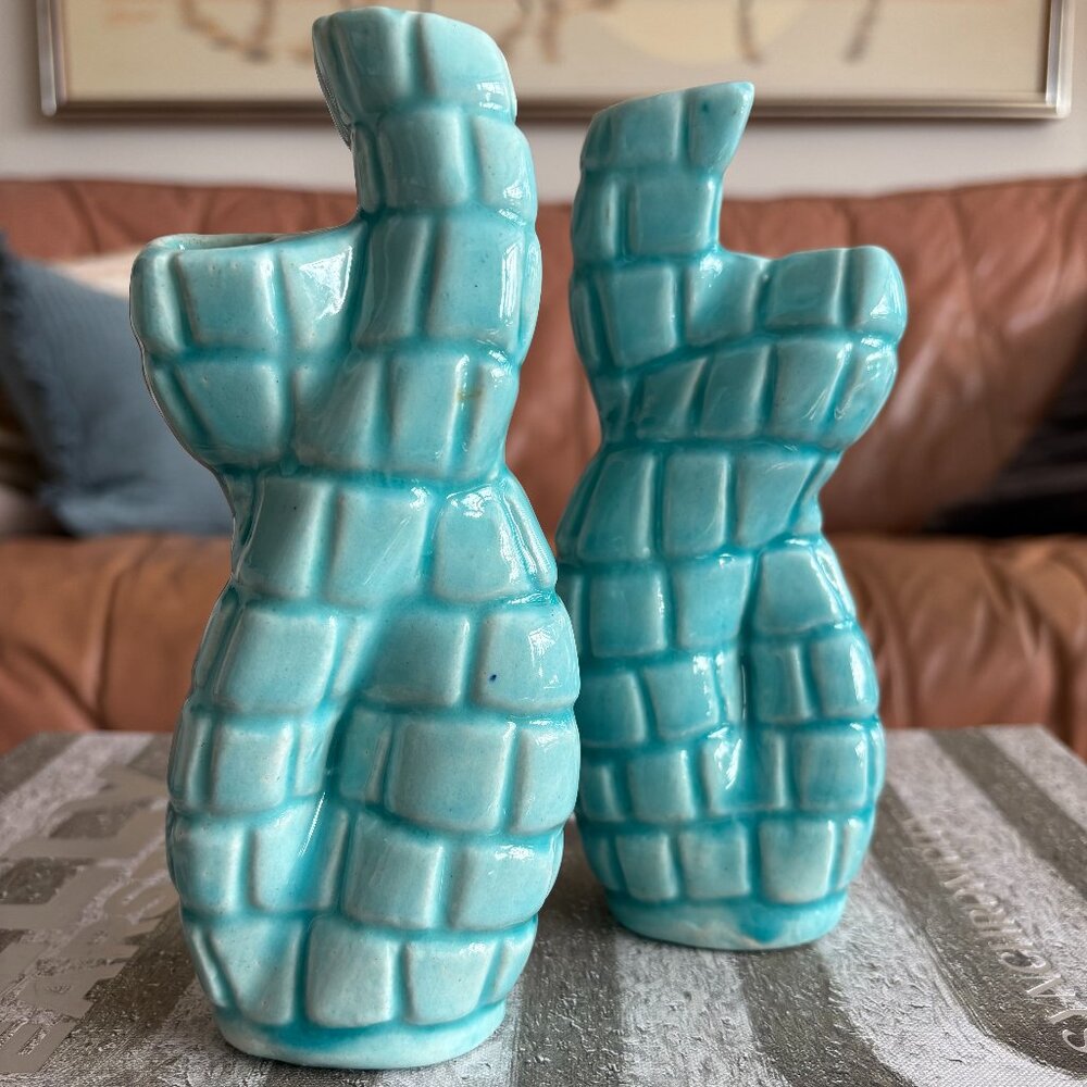Vintage Pair of Turquoise Glazed Coral Vases